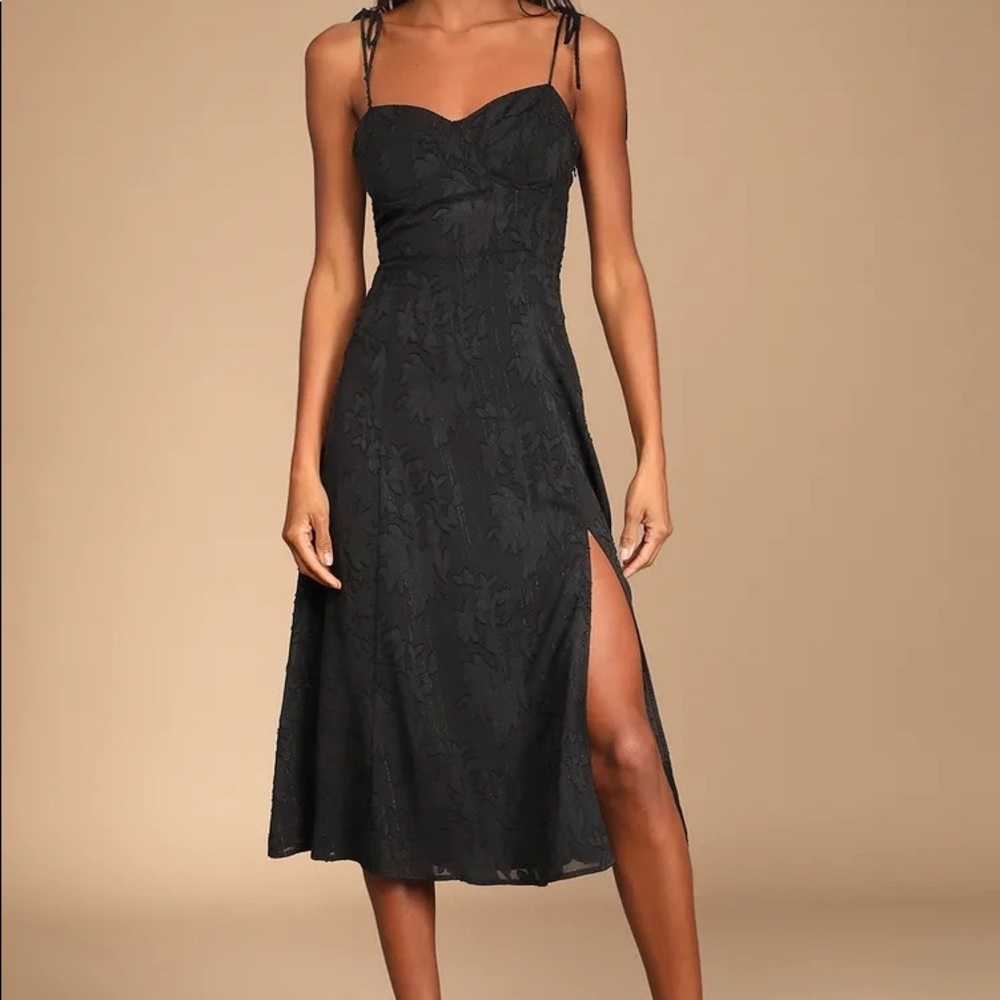 Lulus Lovliest Looks Black Floral Jacquard Tie-Strap Midi Dress